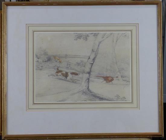 Attributed to Henry Alken, pencil & wash,Spaniels chasing a pheasant and Pointers flushing partridge(-)